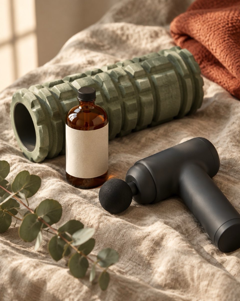 Massage oil, a recovery roller and a percussion massager laid out on a linen throw